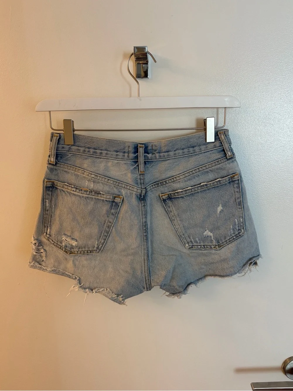 Agolde Light Blue Distressed Denim Cutoff Shorts - Picture 2 of 4